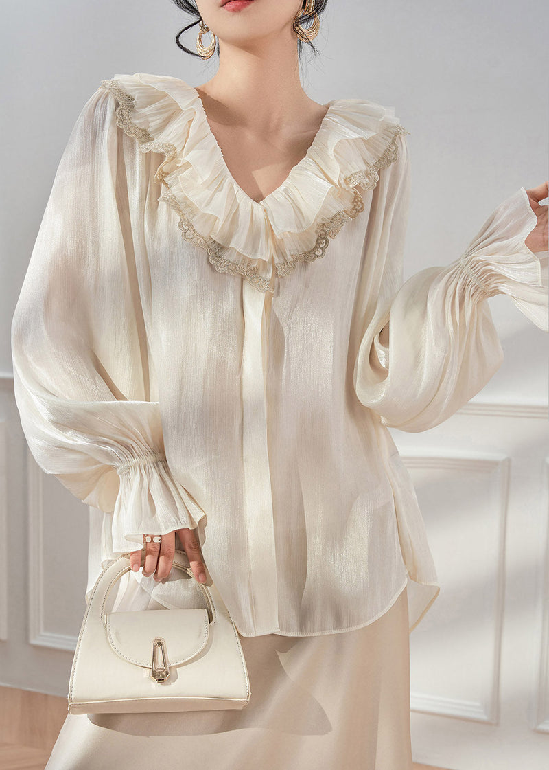 White V Neck Ruffled Shirts Spring