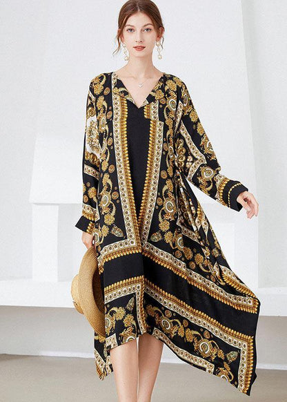 Black Yellow Print Loose Asymmetrical Design Fall Holiday Dress Long Sleeve