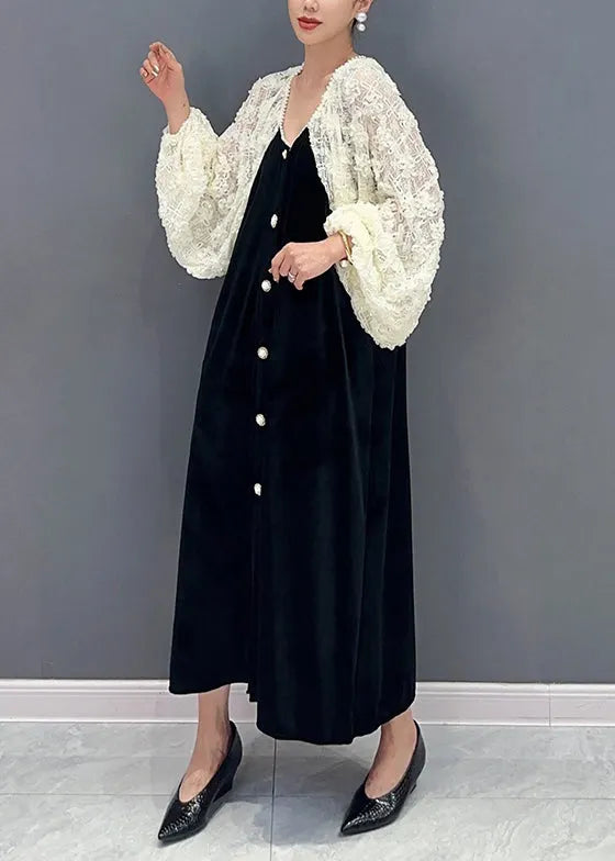 Italian Black V Neck Lace Patchwork Velour Long Dress Fall