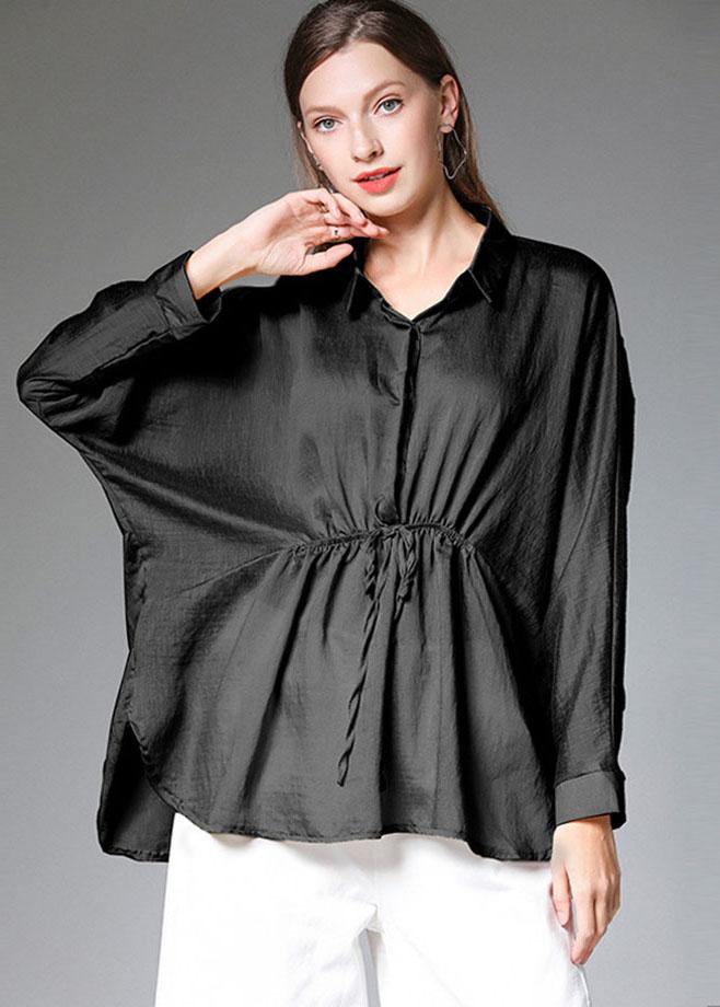 Black Wrinkled Tie Waist Fall Blouses Long Sleeve