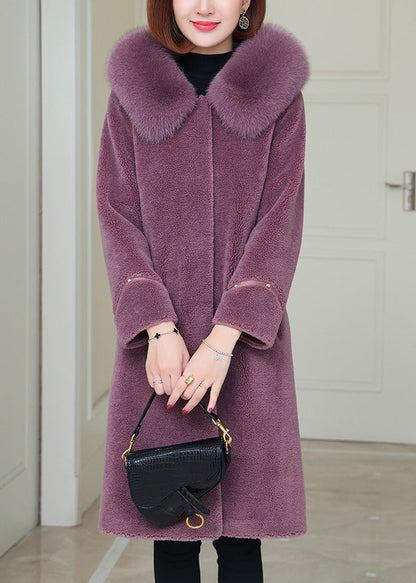 Purple Fox Collar Button Warm Fleece Woolen Coats Winter