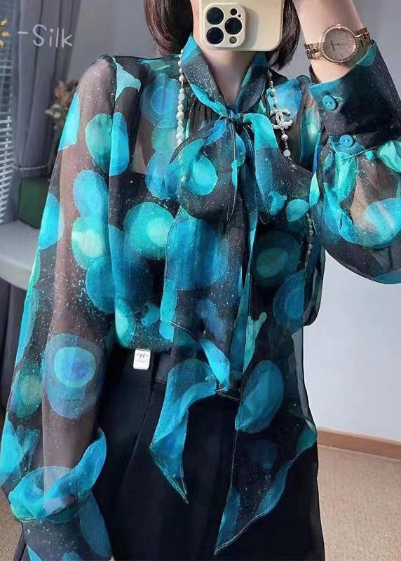 Blue Bow Print Patchwork Chiffon Blouse Tops Fall