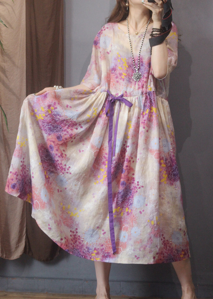 Classy Pink O-neck Drawstring Linen Mid Dress Half Sleeve