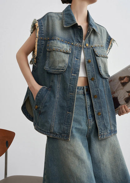 Blue Nail Bead Button Denim Two-piece Set Summer
