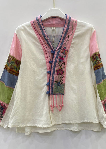 Art White V Neck Embroideried Button Linen Top Long Sleeve