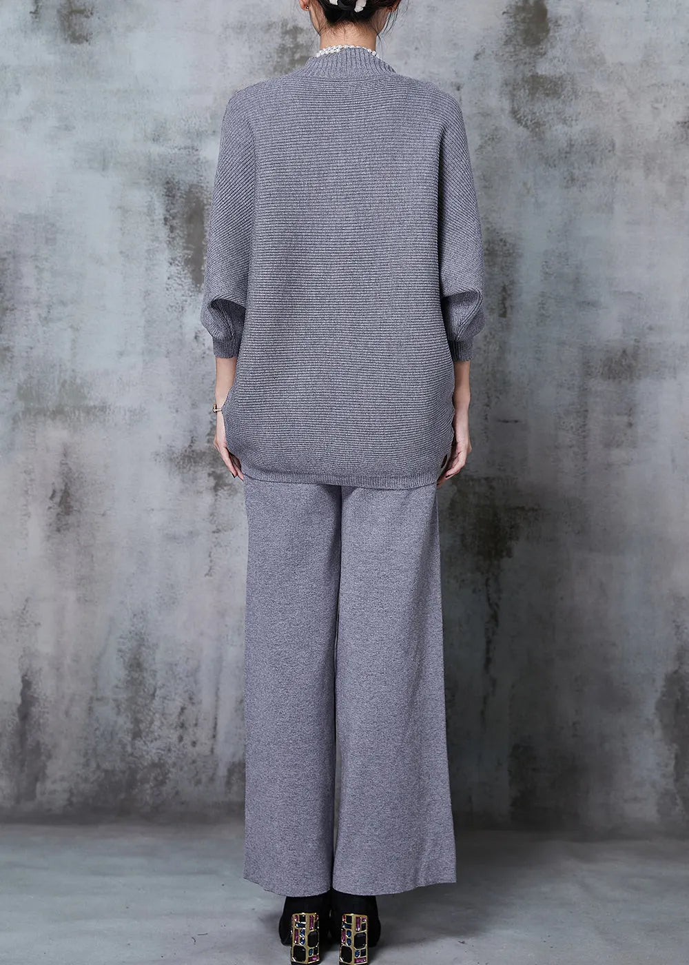 Grey Asymmetrical Design Knit Two Pieces Set Batwing Sleeve Winter