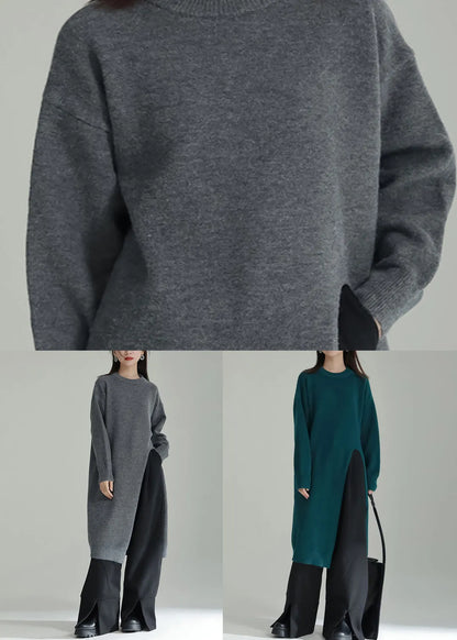 Green Patchwork Knit Dresses O Neck Side Open Winter
