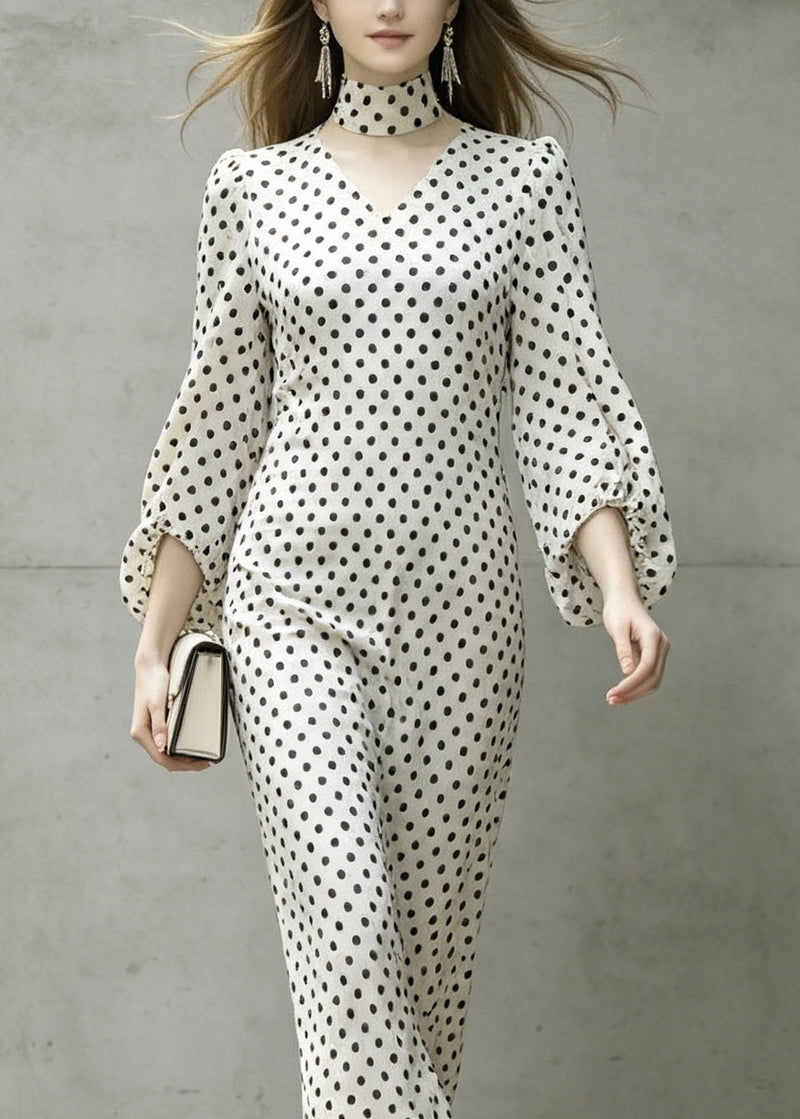 White V Neck Dot Print Chiffon Dresses Lantern Sleeve