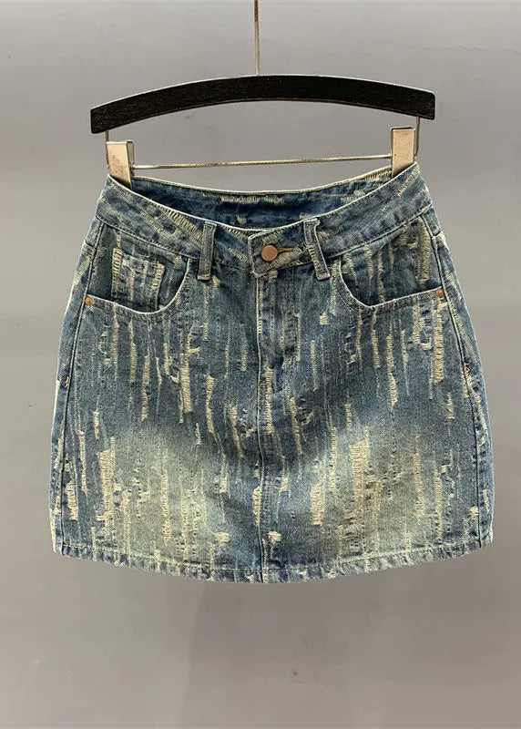 Denim Blue Pockets Patchwork High Waist Cotton a Line Skirt