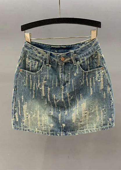 Denim Blue Pockets Patchwork High Waist Cotton a Line Skirt
