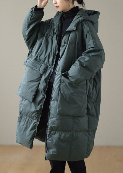 Green Hooded Zippered Pockets Winter Down Coat Long Sleeve
