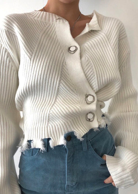 White Asymmetrical Button Patchwork Knit Sweaters Fall
