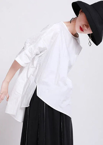 Classy Black O-neck Oversized Side Open Cotton Blouses Batwing Sleeve