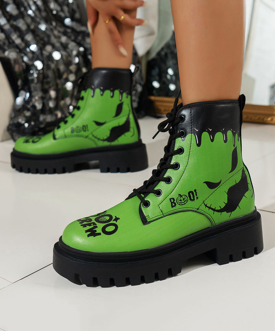 Green Lace Up Ankle Boots Chunky Faux Leather Splicing