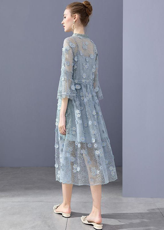 Simple Blue Embroideried Hollow Out Lace Dress Flare Sleeve