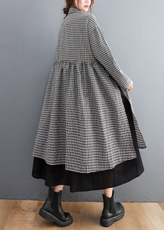Black Plaid Button Side Open Cotton Dresses Shirts Spring