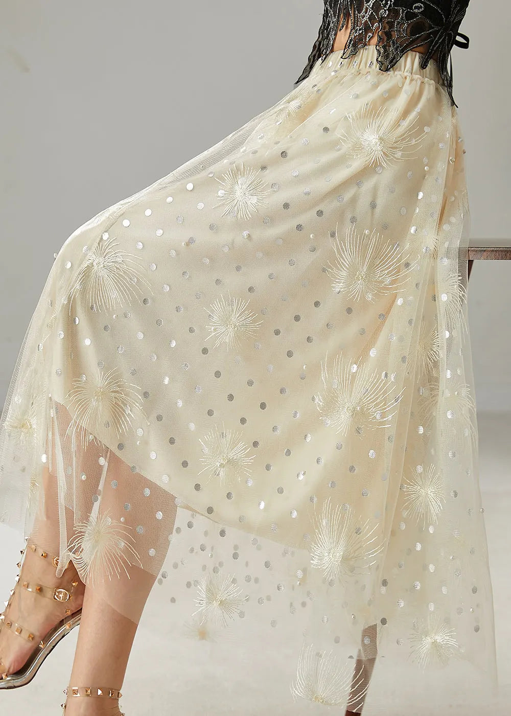 Milk White Embroidered Sequins Tulle Skirts Summer