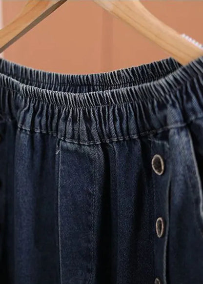 Blue Pockets Elastic Waist Denim Pants Fall