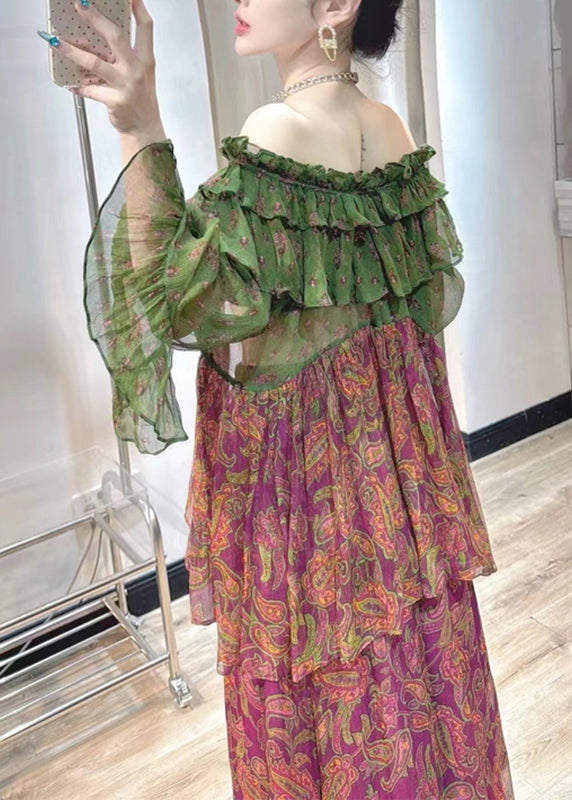Purple Print Chiffon Top and Maxi Skirts Two Pieces Set Fall