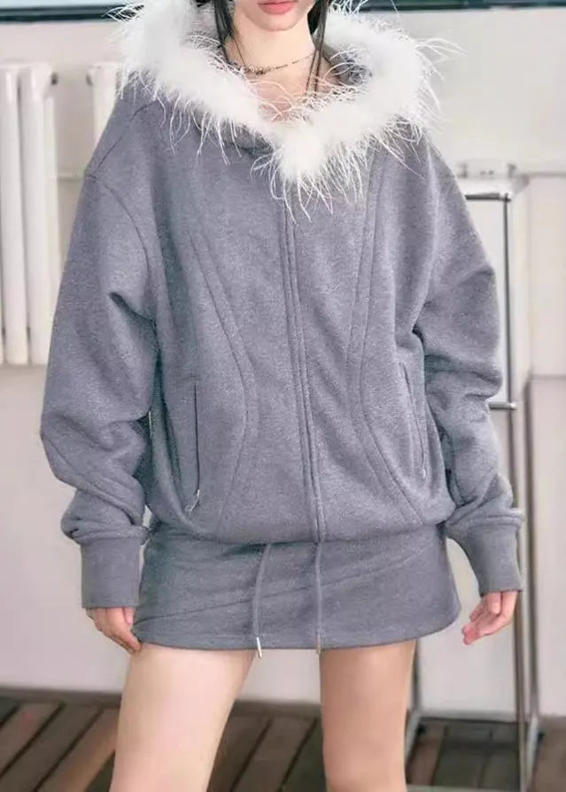 Grey Fur Collar Zippered Fleece Sweatshirt and Skirts Two Pieces Set Winter