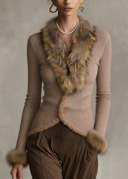 Italian Khaki Faux Fur Collar Patchwork Knit Jackets Winter