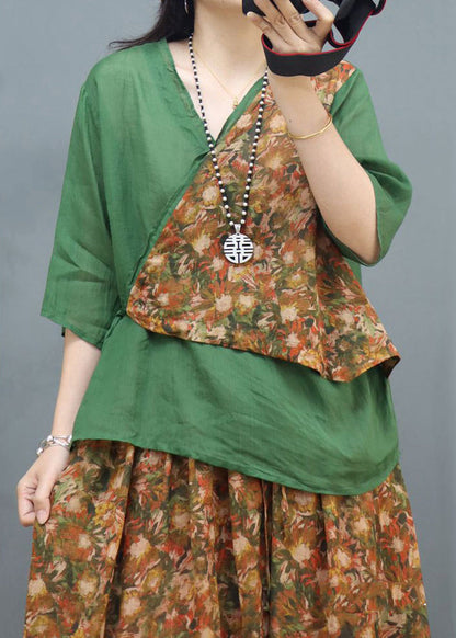 Green Lace Up Patchwork Cotton Two Piece Set V Neck Half Sleeve