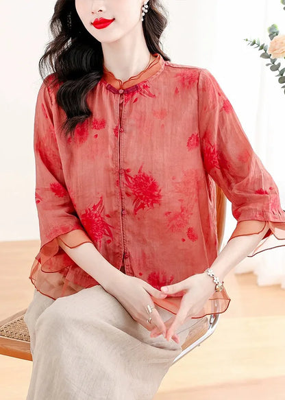 Red Print Tops and Pants Linen Two Pieces Set Summer