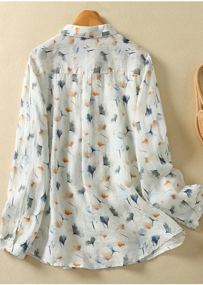 Unique Light Yellow Oversized Print Linen Shirt Tops Spring