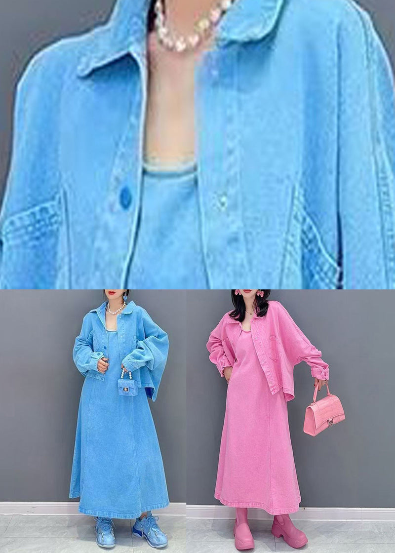 Pink Peter Pan Collar Coats and Long Dresses Two Pieces Set Puff Sleeve
