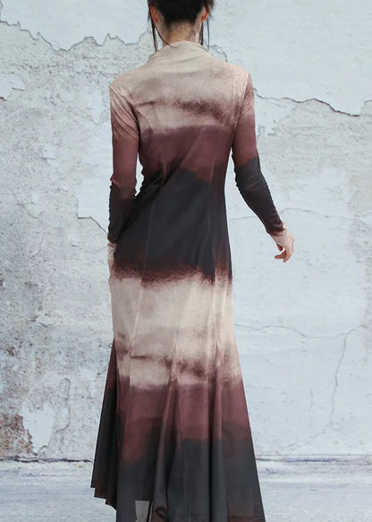 Slim Fit Gradient Color Turtleneck Tulle Long Dresses Fall