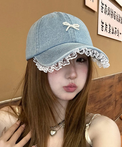 Blue Lace Bead Bow Patchwork Denim Baseball Cap Hat