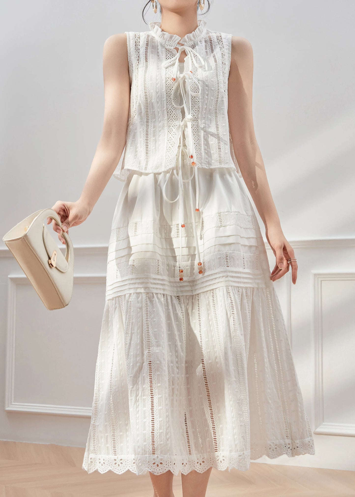 Art White Tie Lace Ruffled Lace Shirt and Maxi Skirts Two Piece Set Sleeveless