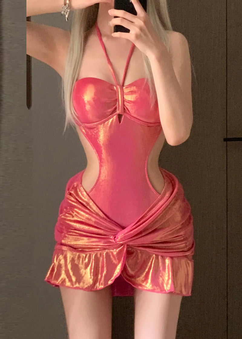 New Red Halter Wrinkled Bodysuit and Skirts Lingerie Sets