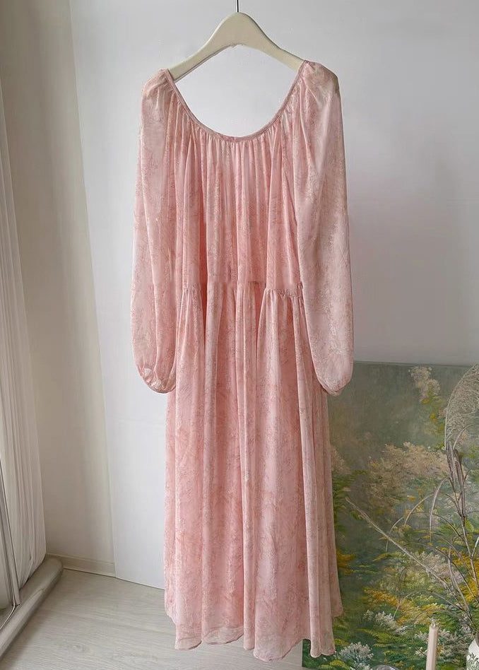 Pink Print Wrinkled Lace Up Chiffon Long Dress Fall