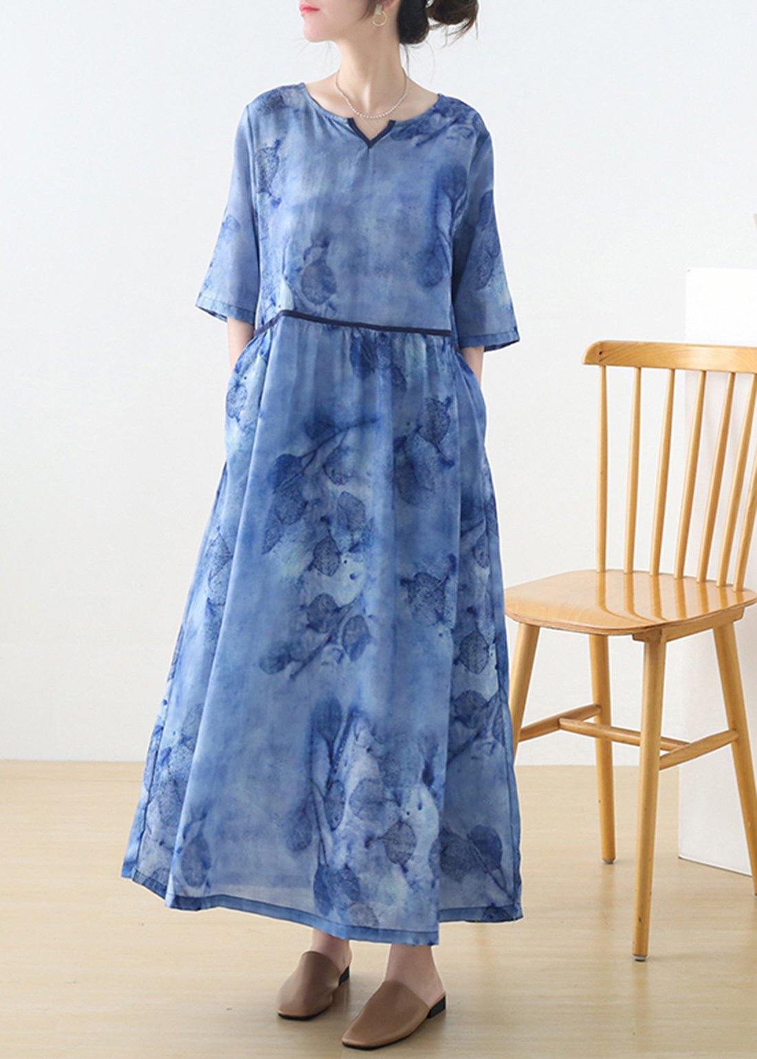 Blue Print V Neck Summer Ramie Vacation Dresses