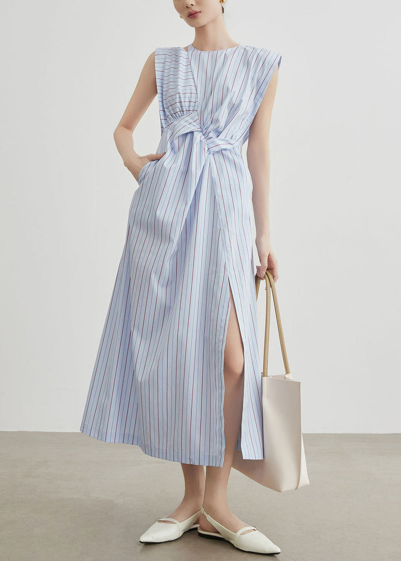 Striped Hollow Out Side Open Cotton Long Dress Sleeveless