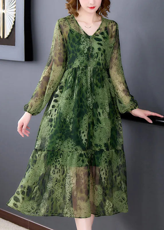 Green V Neck Ruffles Print Chiffon Long Dress Two Piece Set Long Sleeve