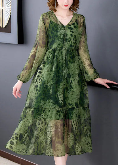 Green V Neck Ruffles Print Chiffon Long Dress Two Piece Set Long Sleeve