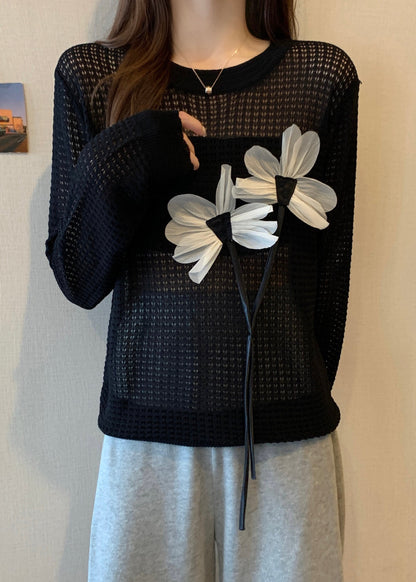 French Black O Neck Hollow Out Knit Top Spring
