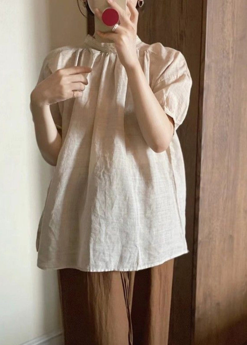 Japanese Style Blue O-neck Puff Sleeve Cotton T Shirt