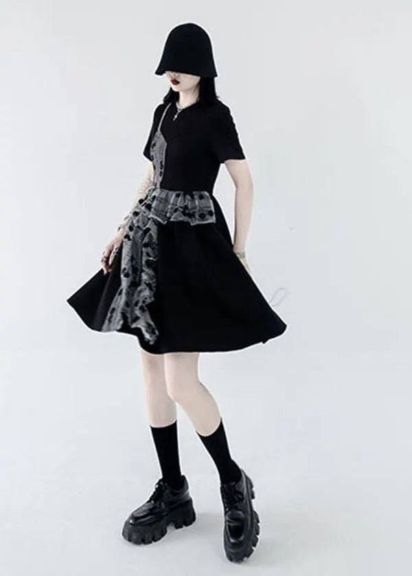 French Black O-neck Asymmetrical Design Patchwork Ruffles Cotton Fake Two Pieces Pleated Dresses Summer