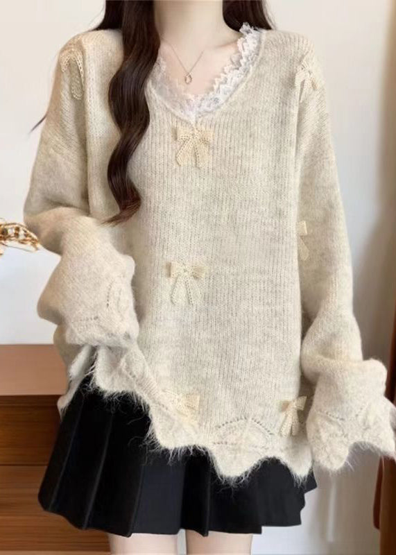 Purple V Neck Lace Bow Knit Sweater Tops Winter