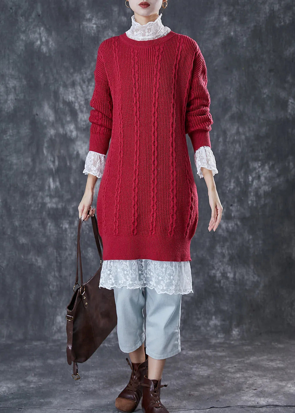 Classy Mulberry Warm Cable Knit Sweater Dress Winter