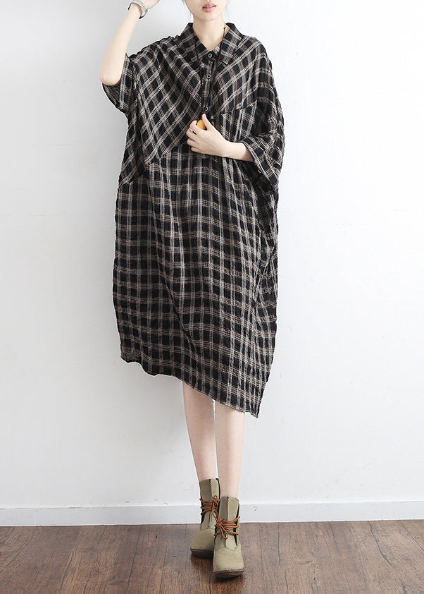 Black Plaid Linen Cotton Tunics Outfits Polo Collor Clothing Summer Dress