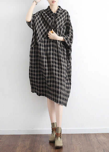 Black Plaid Linen Cotton Tunics Outfits Polo Collor Clothing Summer Dress