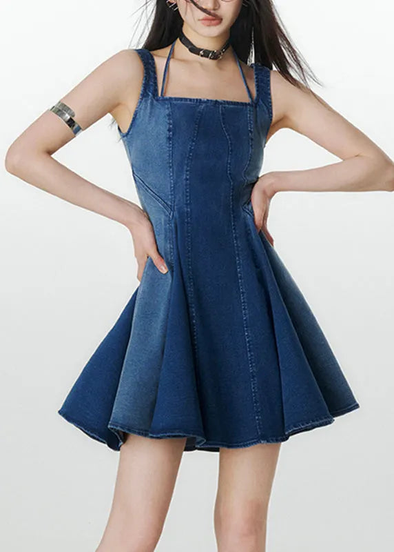 Natural Denim Navy Square Collar Patchwork Mid Spaghetti Strap Dress Summer
