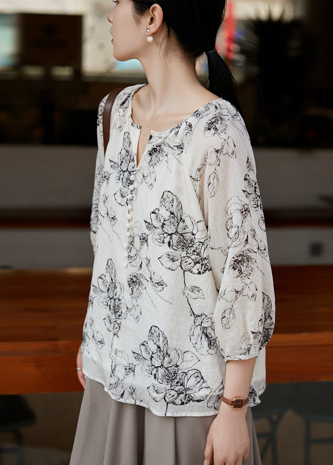 White Oversized Print Cotton Shirts Bracelet Sleeve