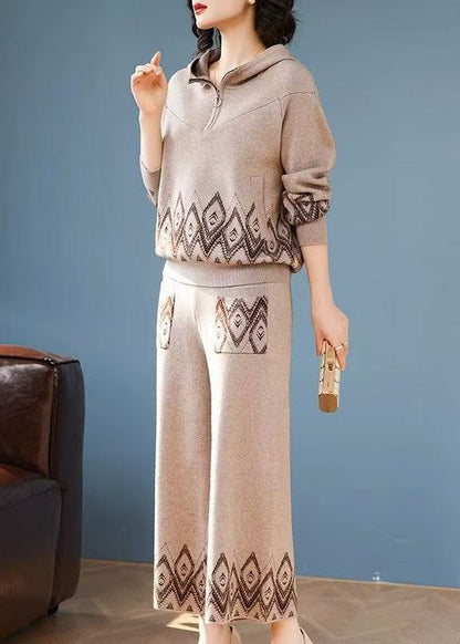 Print Patchwork Cotton Knit Hooded Coats and Wide Leg Pants Two Pieces Set Fall