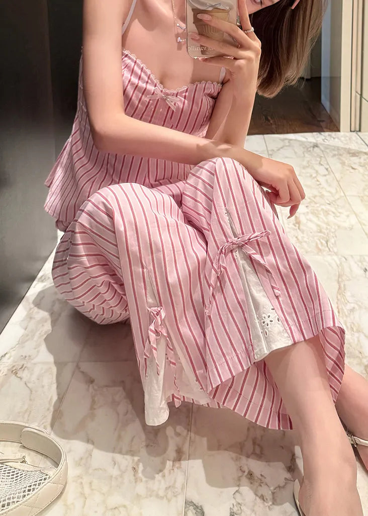 Slim Fit Purple Striped Spaghetti Strap Tank and Pants Cotton Two Pieces Set Sleeveless