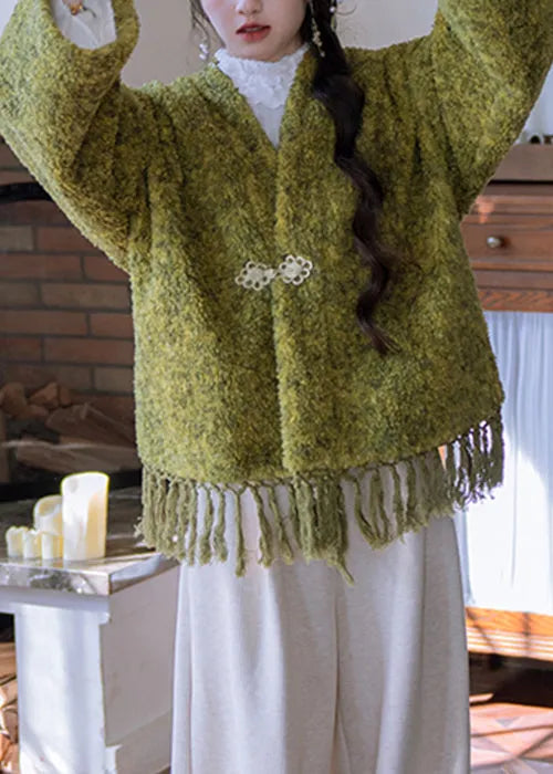 Loose Green V Neck Tasseled Button Warm Fleece Teddy Coats Winter